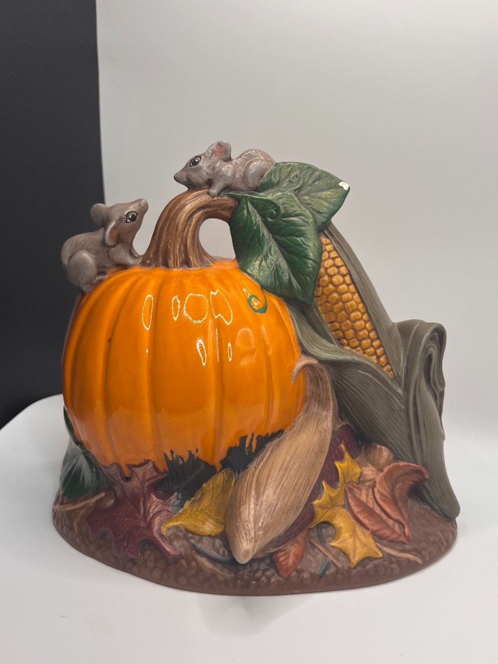 1984 Vintage Ceramic Pumpkin Leaves Corn and Mice. Hand Painted. Orange.